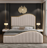 NNEDSZ Elegant Luxury King Size Bedframe in Beige with Gas Lift Storage Velvet Fabric Golden Trim