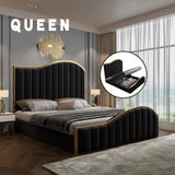 NNEDSZ Queen Size Black Velvet Fabric Golden Metal Storage Elegant Luxury Bedframe