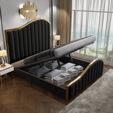NNEDSZ Queen Size Black Velvet Fabric Golden Metal Storage Elegant Luxury Bedframe