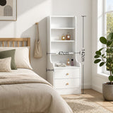 HYGGO White Nightstand Bedside Table with Drawers Minimalist Tall Bookshelf Cabinet