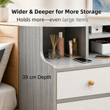 HYGGO Bedside Table Drawer Nightstand Light Gray Wood Grain White Fronts Curved Design