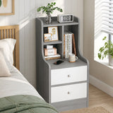 HYGGO Bedside Table Drawer Nightstand Light Gray Wood Grain White Fronts Curved Design
