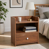 HYGGO Vintage Bedside Table Walnut Nightstand Drawer Open Shelf White Knob 48cm