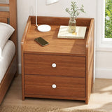 HYGGO Bedside Table Nightstand Walnut Wood Grain Double Drawer Tray Top White Handles