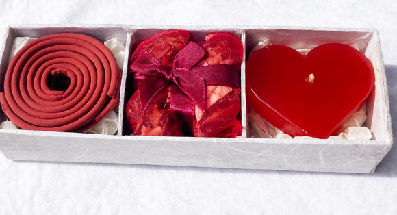 NNEDSZ Red Heart Candle Spa Giftset - Red Heart candle, 3 Incense Coils, Pot Porri Satchet in Gift Box