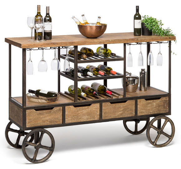 NNEDSZ Industrial Style Wooden Bar Cart Drinks Trolley Station with Wine Bottle Rack