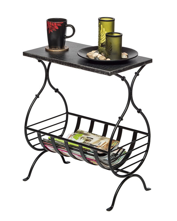 NNEDSZ Black Iron Side Table with Magazine Storage and Silver Finish Top