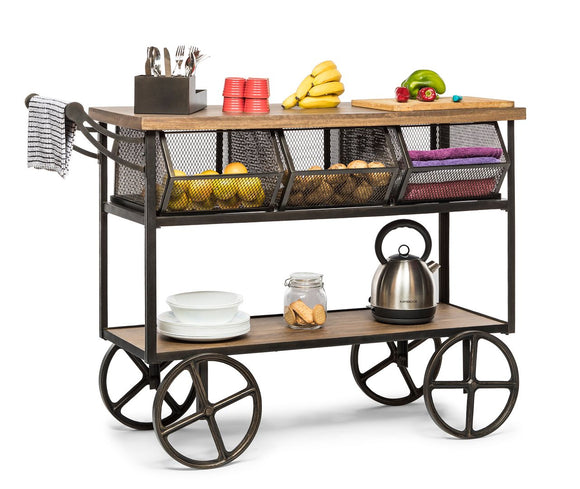 NNEDSZ Retro Wooden Kitchen Island Trolley on Wheels with Storage Drawers