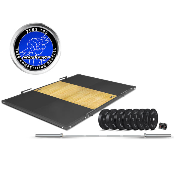 NNEDSZ 3m x 2m 50mm Weightlifting Framed Platform (Dual Density Mats) + 230kg Olympic V2 Weight Plates & Barbell Package