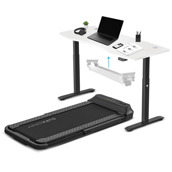 NNEDSZ Fitness V-FOLD Treadmill with ErgoDesk Automatic Standing Desk 1500mm in White/Black with Cable Management