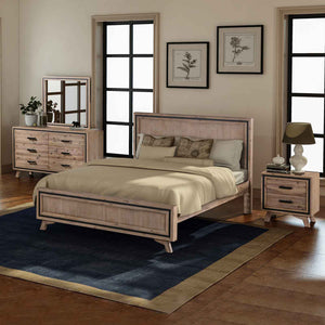 NNEDSZ 4 Pieces Bedroom Suite King Size Silver Brush in Acacia Wood Construction Bed, Bedside Table & Dresser