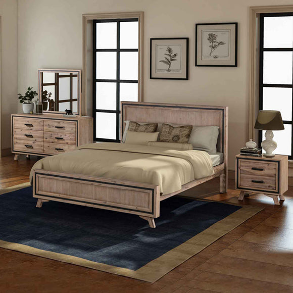 NNEDSZ 4 Pieces Bedroom Suite King Size Silver Brush in Acacia Wood Construction Bed, Bedside Table & Dresser