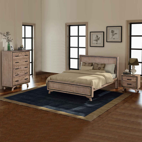 NNEDSZ 4 Pieces Bedroom Suite King Size Silver Brush in Acacia Wood Construction Bed, Bedside Table & Tallboy