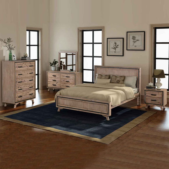 NNEDSZ 5 Pieces Bedroom Suite King Size Silver Brush in Acacia Wood Construction Bed, Bedside Table, Tallboy & Dresser
