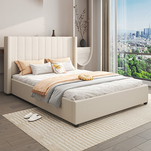 NNEDSZ Alexa Queen Size High Rise Headboard Linen Beige Fabric Four MDF Drawers with Wheels Bed Frame