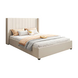 NNEDSZ Alexa Queen Size High Rise Headboard Linen Beige Fabric Four MDF Drawers with Wheels Bed Frame