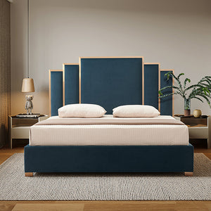 NNEDSZ Austin Bed Frame Polyester Turquoise Fabric Padded Upholstery High Quality Slats Polished Stainless Steel Feet