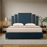 NNEDSZ Austin Bed Frame Polyester Turquoise Fabric Padded Upholstery High Quality Slats Polished Stainless Steel Feet