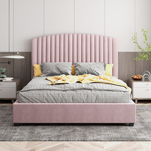 NNEDSZ Camelia Queen Size Bed Frame Pink Velvet Upholstery High Headboard Quality Slats Metal Structure