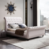 NNEDSZ Queen Size Sleigh Bedframe Velvet Upholstery Beige Colour Tufted Headboard And Footboard Deep Quilting
