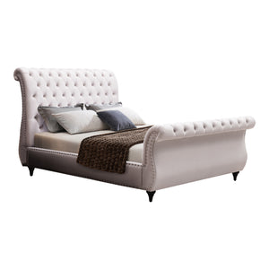 NNEDSZ Queen Size Sleigh Bedframe Velvet Upholstery Beige Colour Tufted Headboard And Footboard Deep Quilting