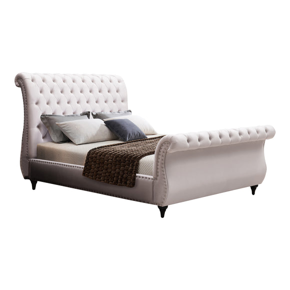 NNEDSZ Queen Size Sleigh Bedframe Velvet Upholstery Beige Colour Tufted Headboard And Footboard Deep Quilting
