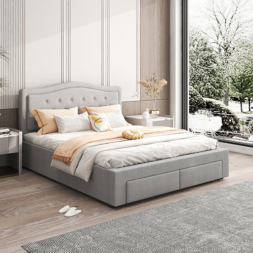 NNEDSZ Emily Bed Frame Queen Size Velvet Fabric Grey Four MDF Drawers with Wheels