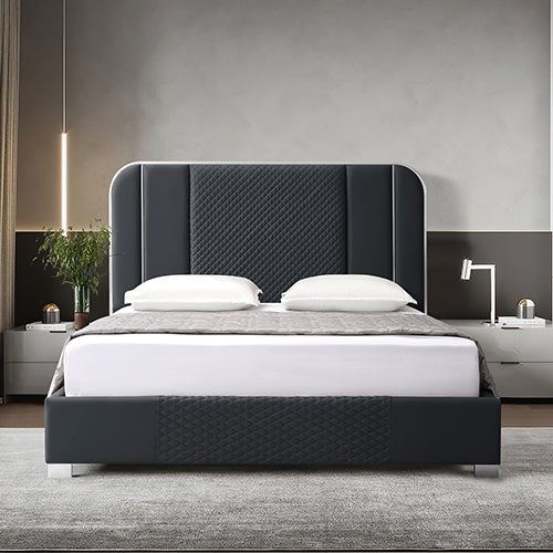NNEDSZ Halcyon Bed Frame Air Leather Padded Upholstery High Quality Slats Polished Stainless Steel Feet