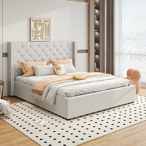 NNEDSZ Veronica Bed Frame Queen Size Winged Grey Linen Fabric Seam Grid Pattern with gas lift plywood metal structure