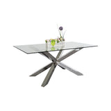 NNEDSZ Dining Table in Crisscross Shaped High Glossy Stainless Steel Base with 12mm Tempered Glass Top