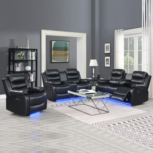 NNEDSZ 3-2-1 Seater Seater Finest Black Leatherette Recliner Feature Console LED Light Ultra Cushioned