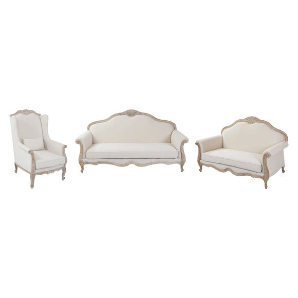 NNEDSZ 3S+2S+1X Wing Chair Oak Wood White Washed Finish Rolled Armrest Linen Sofa Fabric