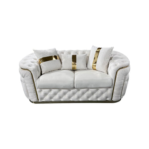 NNEDSZ 2 Seater Sofa Beige Velvet Fabric Solid Wood construction Gold Stainless Steel Trim