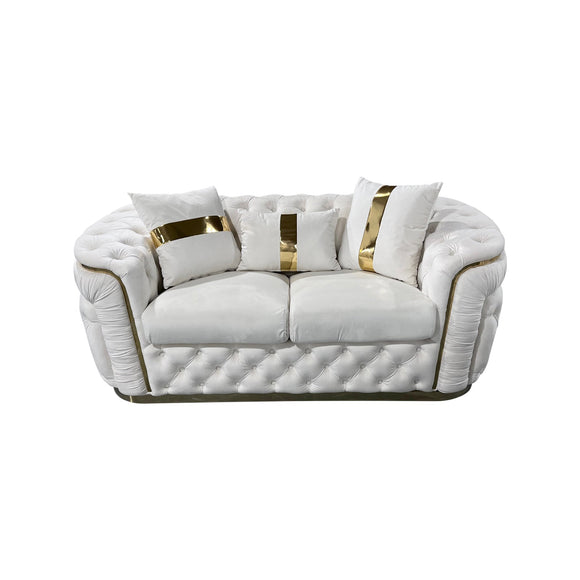 NNEDSZ 2 Seater Sofa Beige Velvet Fabric Solid Wood construction Gold Stainless Steel Trim