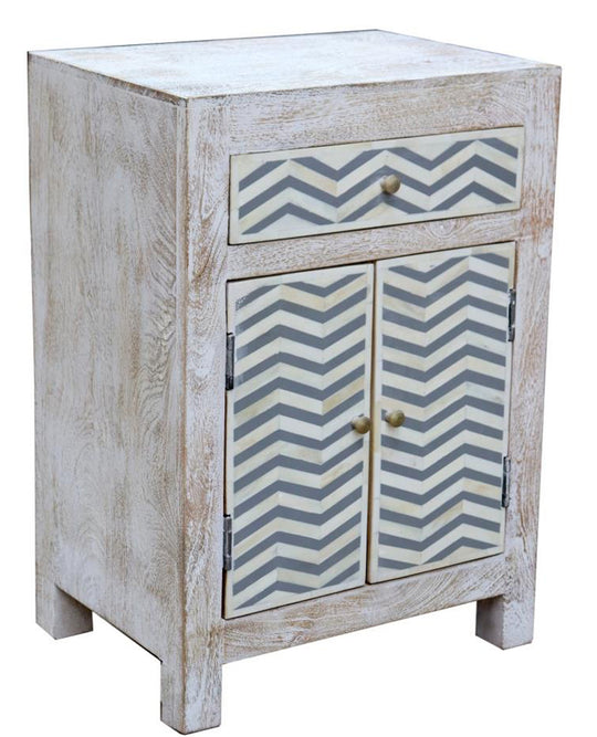 NNEDSZ 2 drawer whitewashed bedside cabinet with Grey/White bone chevron design