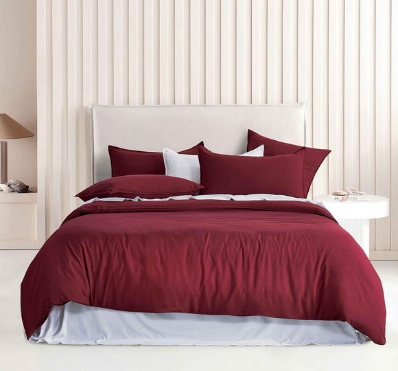 NNEDSZ Vintage Washed Microfibre Quilt Cover Set (Burgundy, Single)