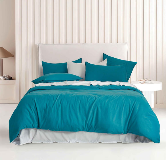 NNEDSZ Vintage Washed Microfibre Quilt Cover Set (Teal, Single)