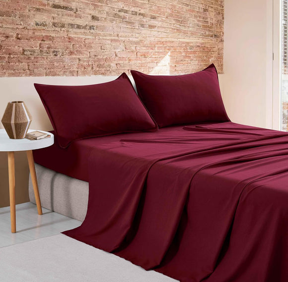 NNEDSZ Vintage Washed Microfibre Sheet Set (Burgundy, Single)