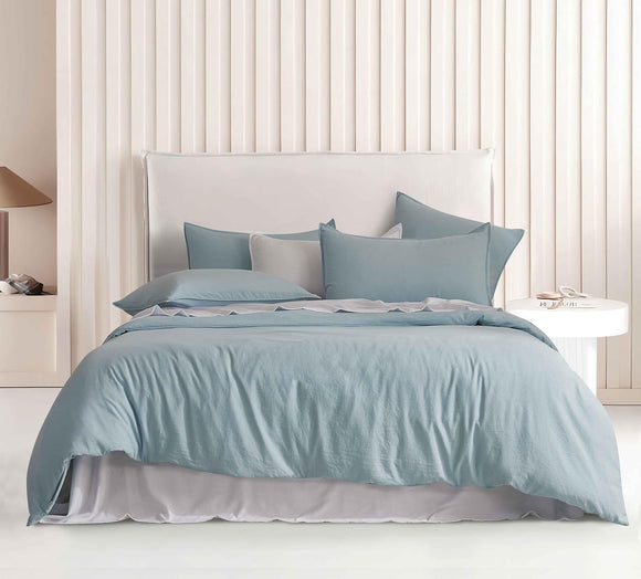 NNEDSZ Vintage Washed Microfibre Quilt Cover Set (Blue, Double)