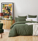 NNEDSZ 100% Cotton Vintage Washed Bed Quilt Cover Set (3Pcs) - Khaki Green - Double Size