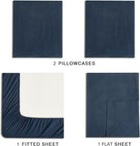 NNEDSZ Vintage Washed Microfibre Sheet Set with 2 Pillowcases - Navy - Double
