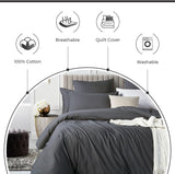 NNEDSZ 100% Cotton Vintage Washed Bed Quilt Cover Set (3Pcs) - Charcoal - Queen Size
