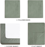 NNEDSZ Vintage Washed Microfibre Sheet Set with 2 Pillowcases - Khaki Green - King