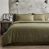 NNEDSZ 100% French Flax Linen Vintage Washed Soft Quilt Cover Set - Khaki Green - Super King