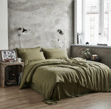 NNEDSZ 100% French Flax Linen Vintage Washed Soft Quilt Cover Set - Khaki Green - Super King