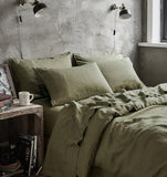 NNEDSZ 100% French Flax Linen Vintage Washed Soft Quilt Cover Set - Khaki Green - Super King