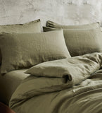 NNEDSZ 100% French Flax Linen Vintage Washed Soft Quilt Cover Set - Khaki Green - Super King