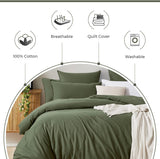 NNEDSZ 100% (3Pcs) Cotton Vintage Washed Bed Quilt Cover Set - Khaki Green - Super King Size