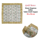 NNEDSZ Christmas Gold Bows Sheer Organza Glitter Table Cloth Topper 90 x 90 cm
