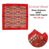 NNEDSZ Christmas Red Festival Floral Sheer Organza Glitter Table Cloth Topper 90 x 90 cm